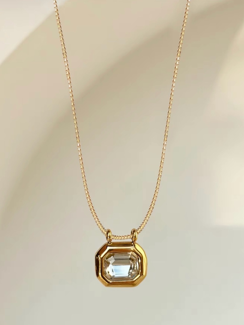 Gold Pendant Necklace with Clear Emerald-Cut Stone - Timeless Shine